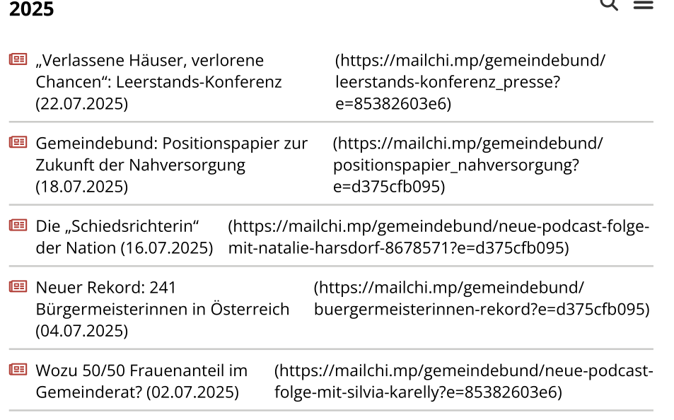 Liste der Presseausendungen des Gemeindebinds 2025 mit den Mailchimp links dazu